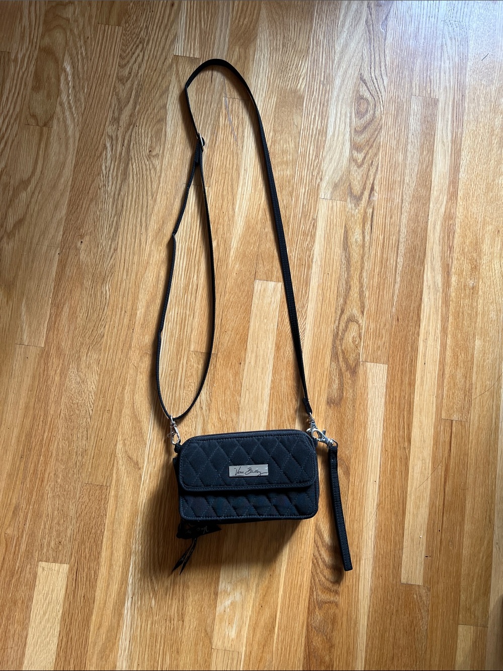Vera Bradley Black Quilted Crossbody/Wristlet Wallet. Approx 4.5x6.5”.